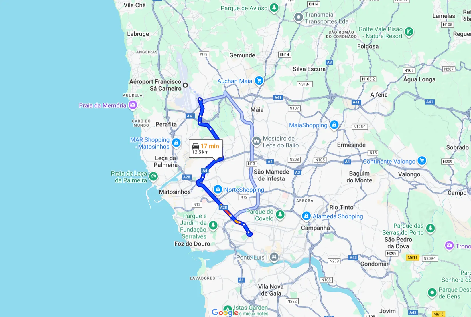 Itinéraire pour aller de l'aéroport de Porto au centre-ville de Porto