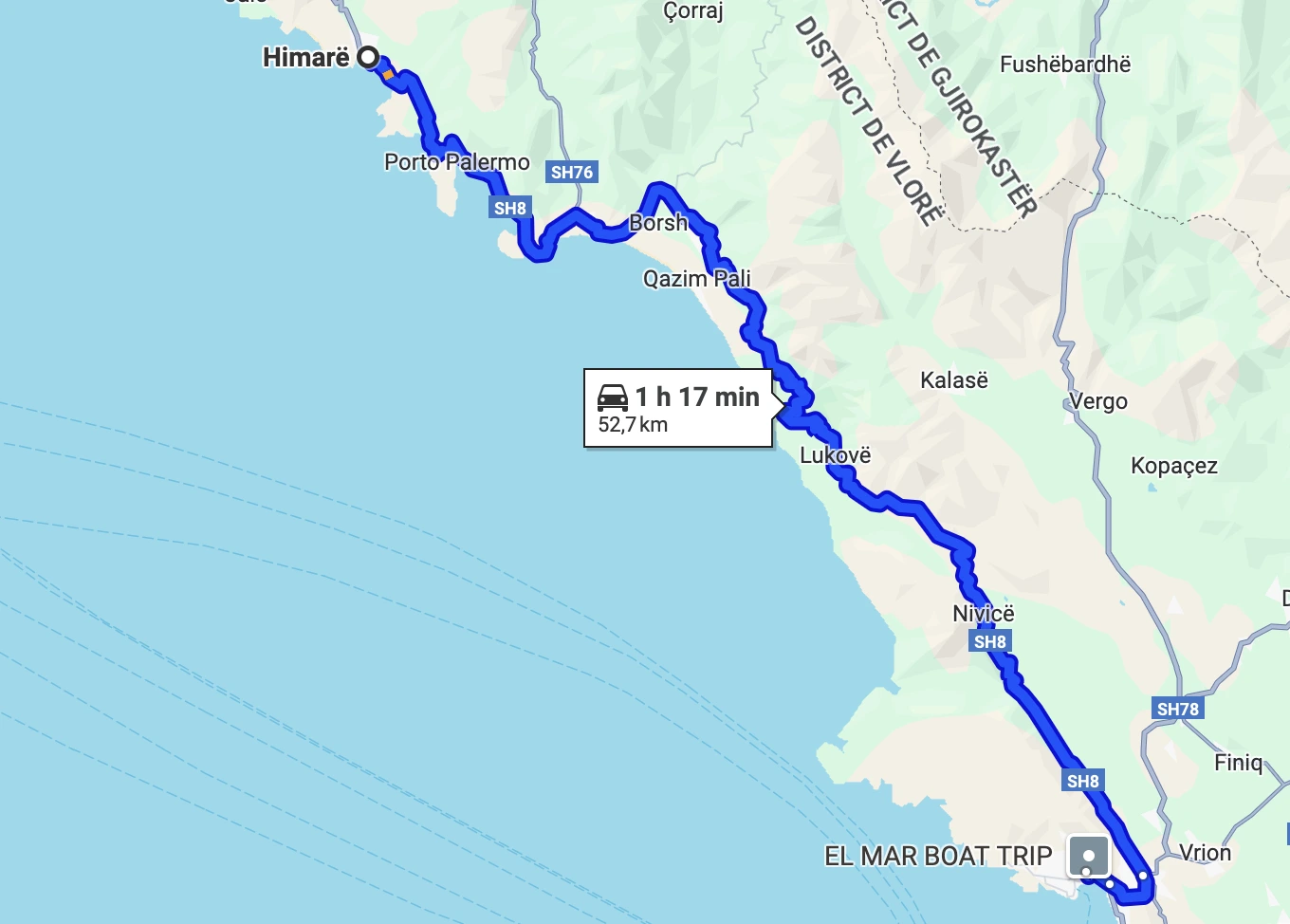 Itinéraire pour aller de Himare à Saranda