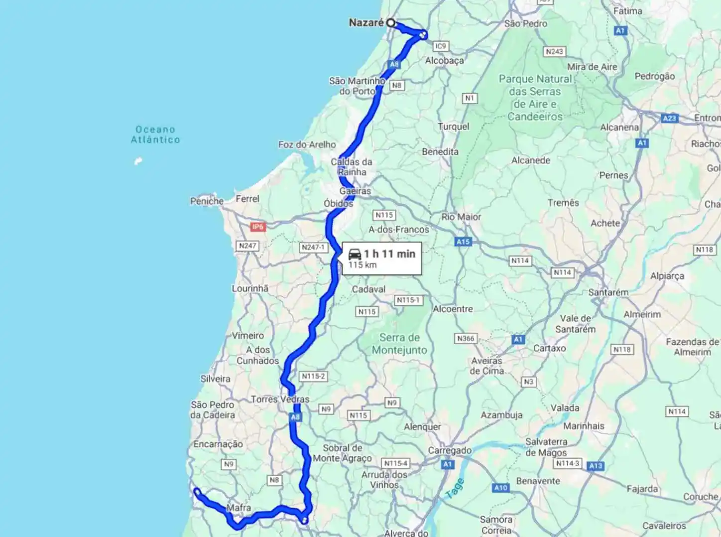 Itinéraire pour aller de Nazaré à Ericeira.