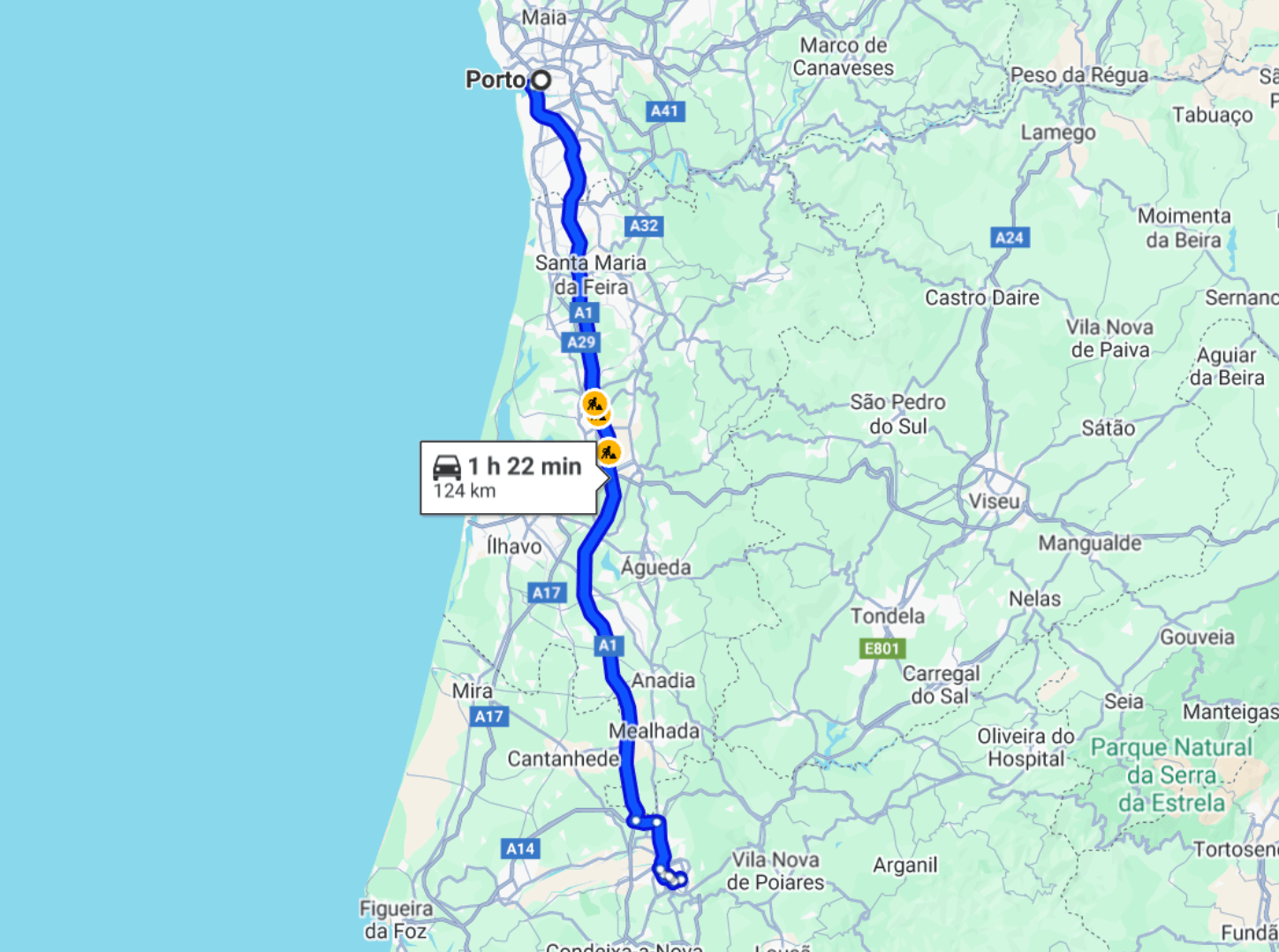 Itinéraire pour aller de Porto à Coimbra.