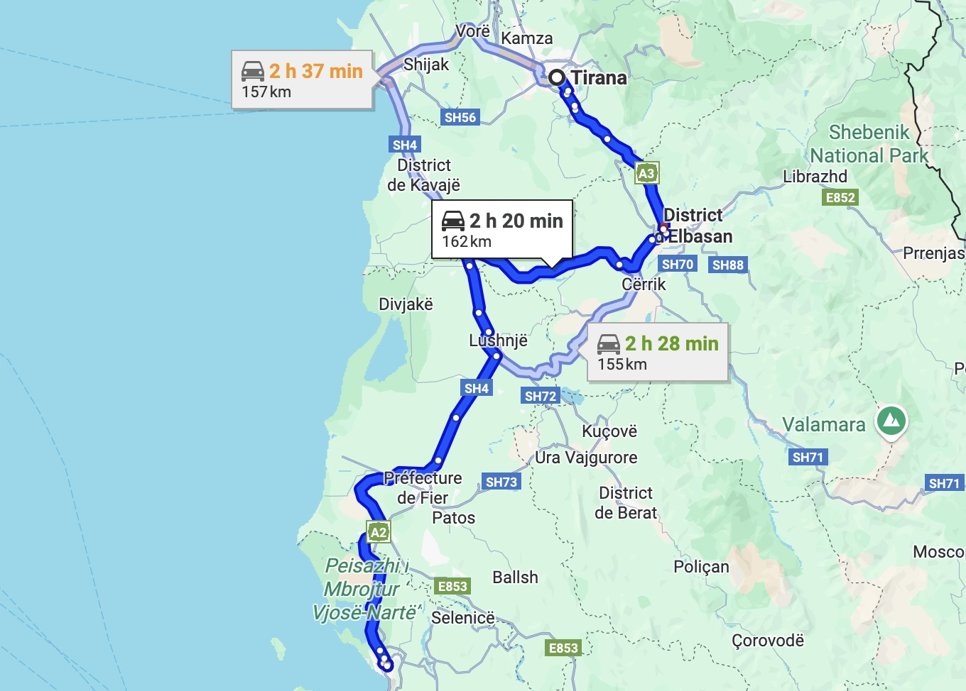 Itinéraire pour aller de Tirana à Vlora.