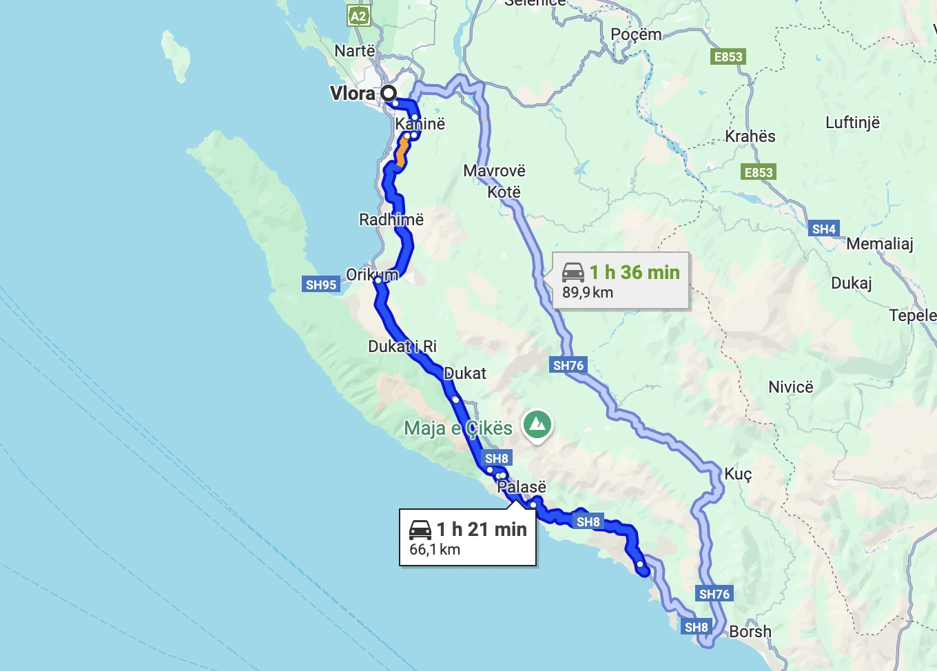 Itinéraire pour aller de Vlora à Himare